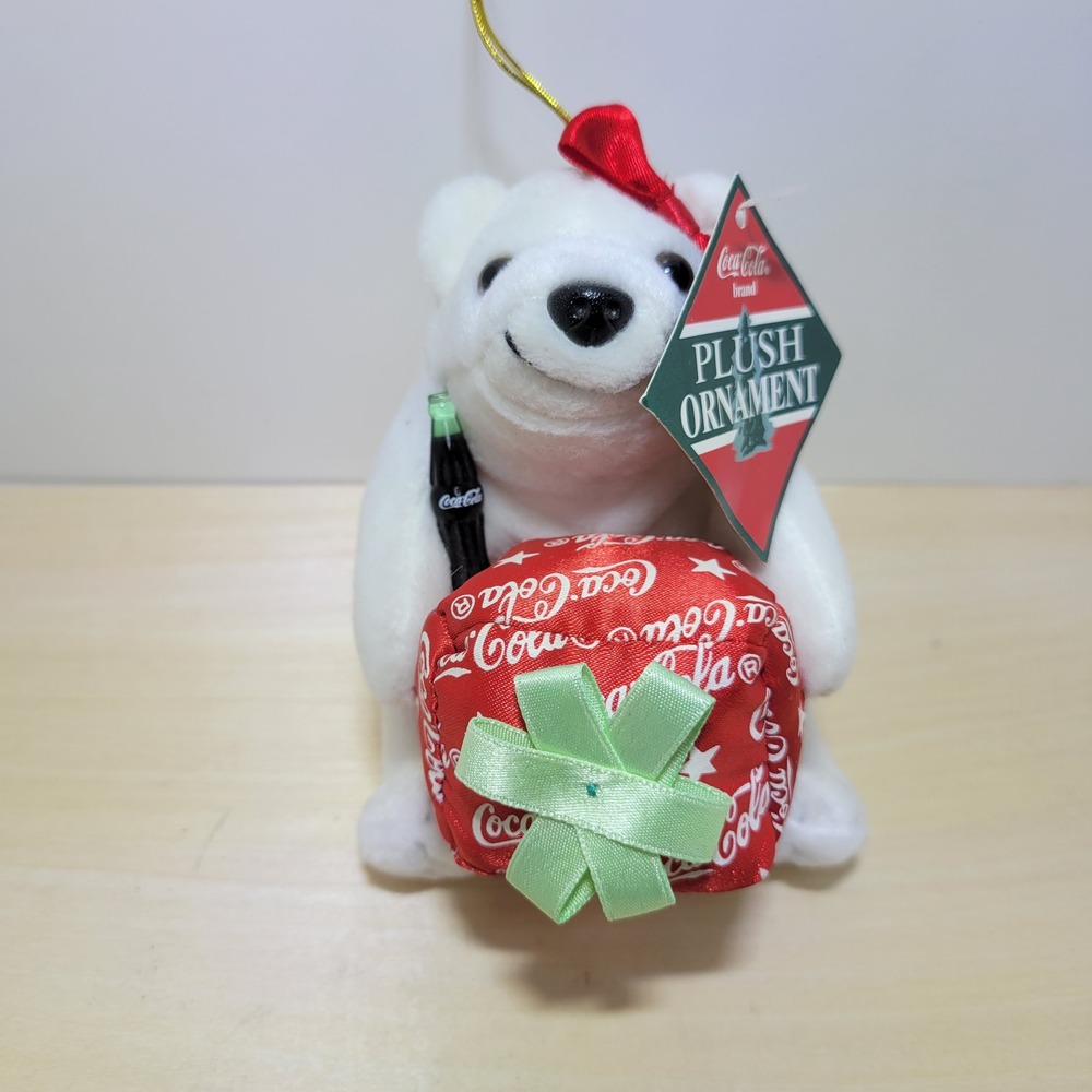 Coca Cola Polar Bear Plush Ornament Red Bow Holiday Christmas Gift